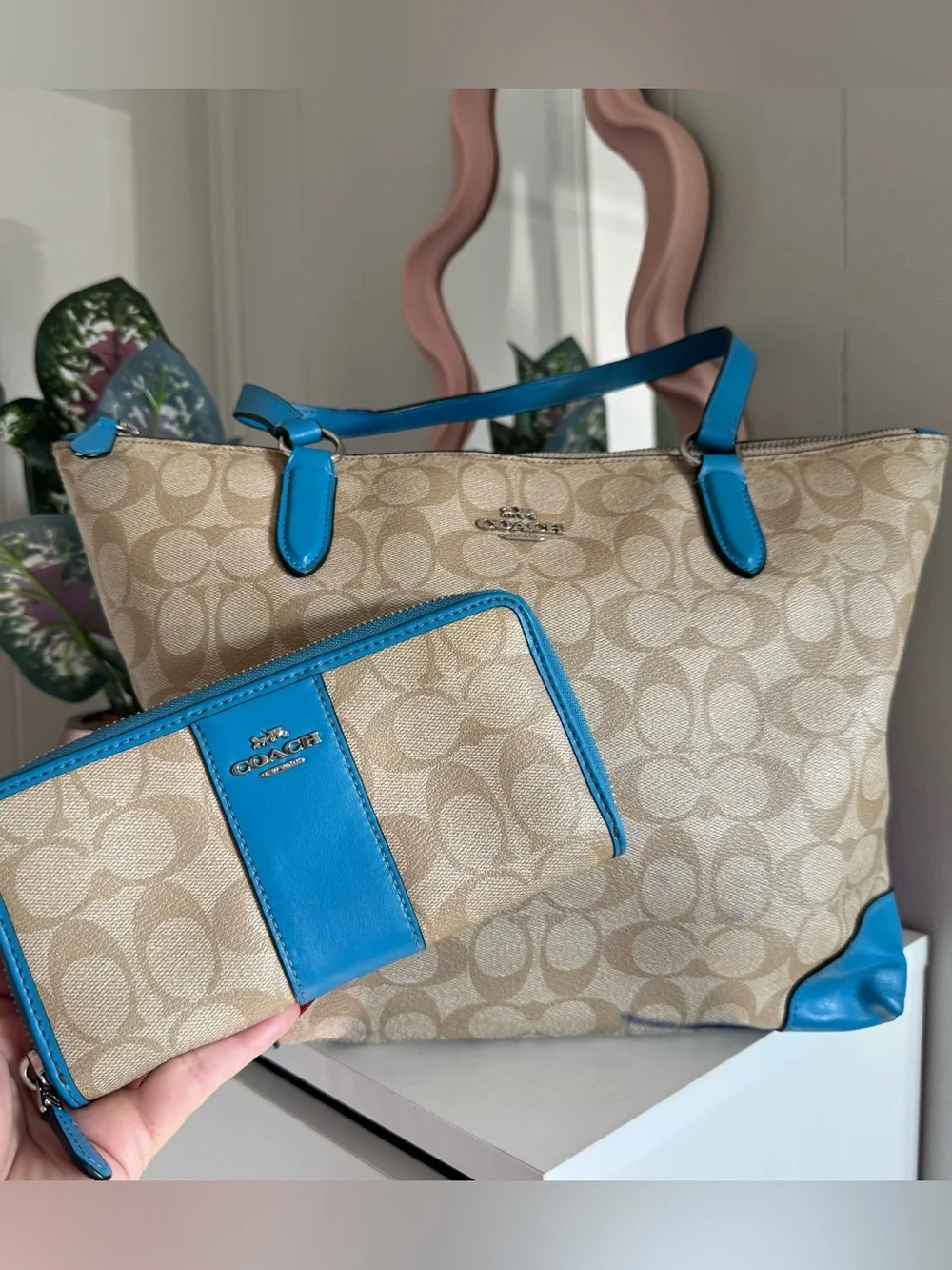 Coach Beige Signature Tote with Bright Blue Leather Trim and Matching Wallet